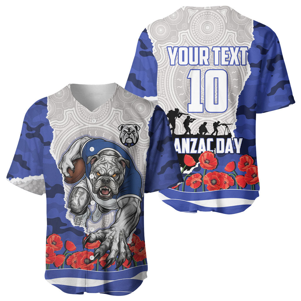 Personalized Bulldogs ANZAC Tribute Baseball Jersey Poppy Field Soldier Silhouette Aboriginal Rugby Mascot