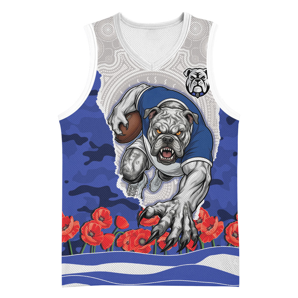 Personalized Bulldogs ANZAC Tribute Basketball Jersey Poppy Field Soldier Silhouette Aboriginal Rugby Mascot