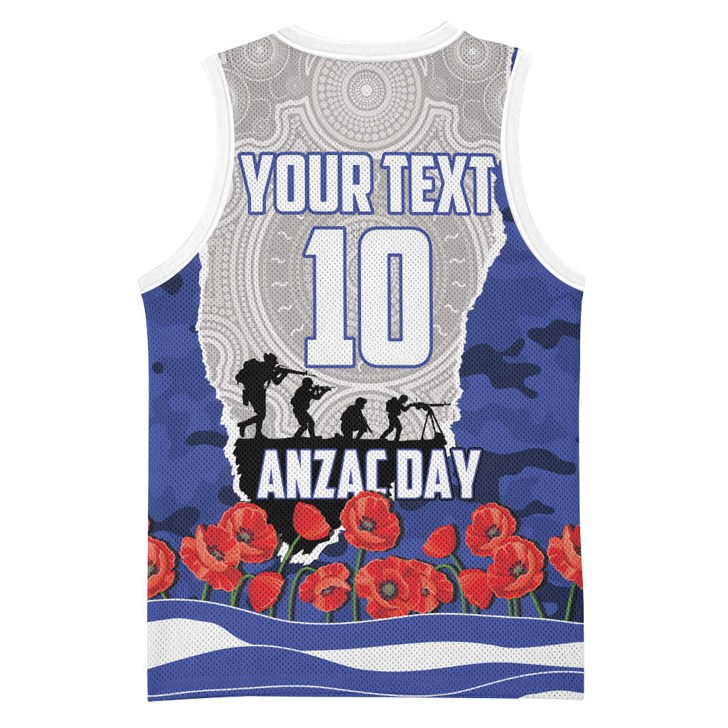 Personalized Bulldogs ANZAC Tribute Basketball Jersey Poppy Field Soldier Silhouette Aboriginal Rugby Mascot