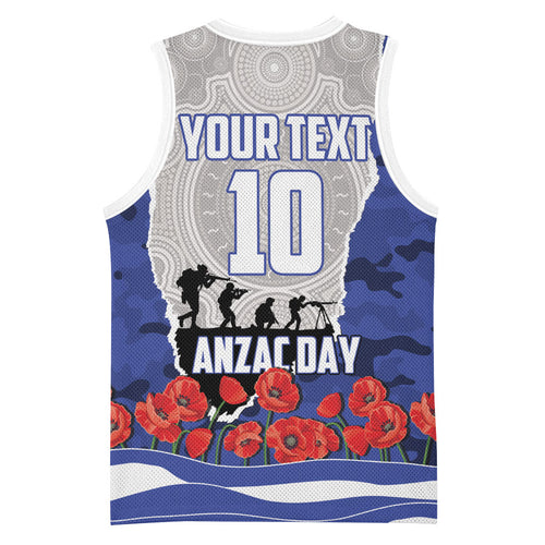 Personalized Bulldogs ANZAC Tribute Basketball Jersey Poppy Field Soldier Silhouette Aboriginal Rugby Mascot