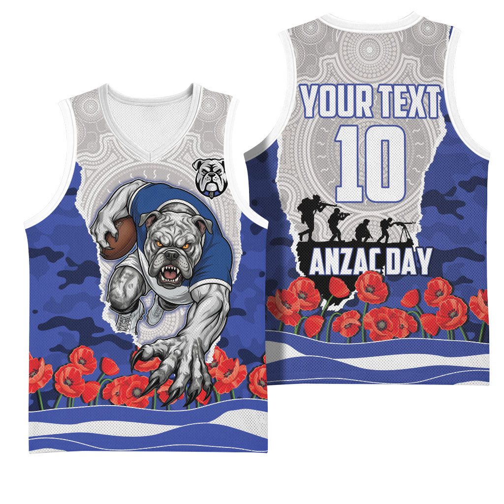 Personalized Bulldogs ANZAC Tribute Basketball Jersey Poppy Field Soldier Silhouette Aboriginal Rugby Mascot