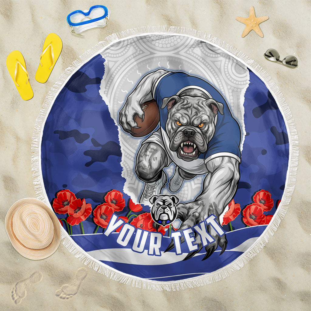 Personalized Bulldogs ANZAC Tribute Beach Blanket Poppy Field Soldier Silhouette Aboriginal Rugby Mascot