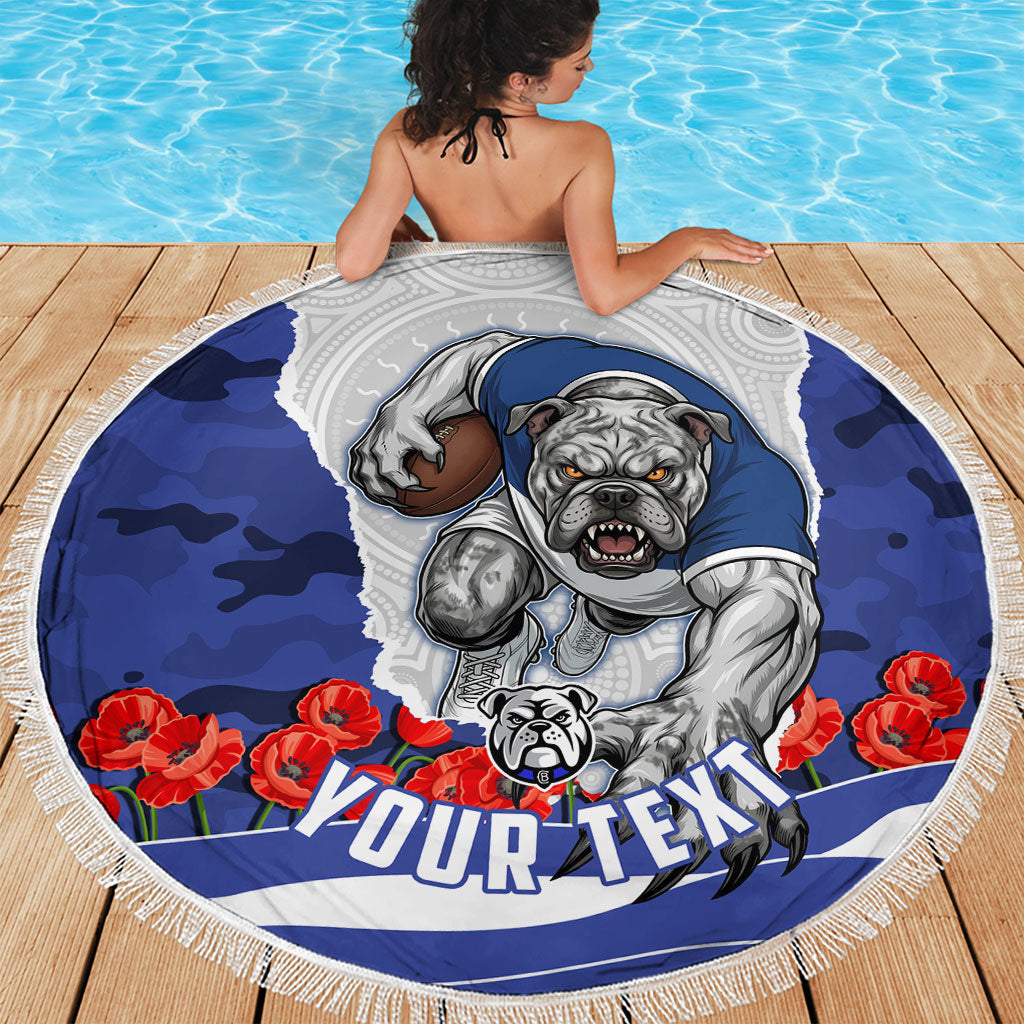 Personalized Bulldogs ANZAC Tribute Beach Blanket Poppy Field Soldier Silhouette Aboriginal Rugby Mascot