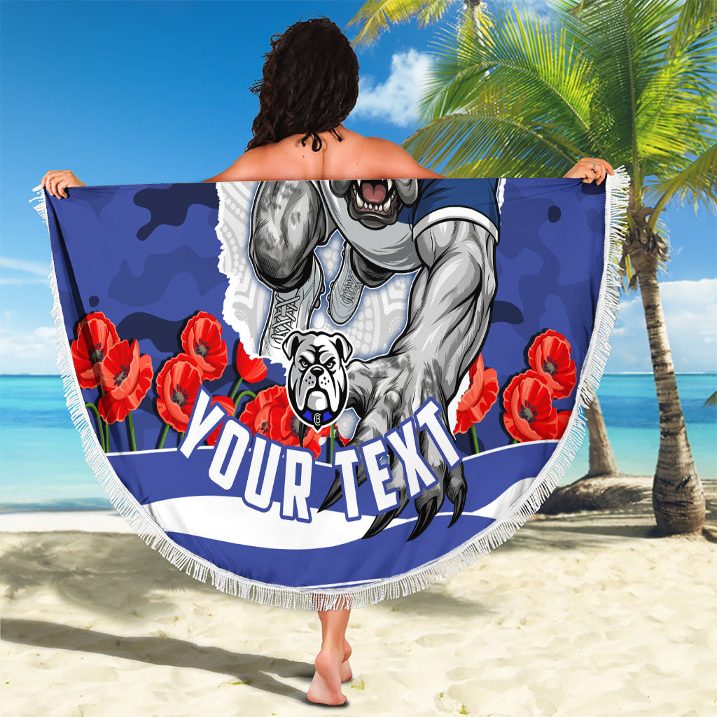 Personalized Bulldogs ANZAC Tribute Beach Blanket Poppy Field Soldier Silhouette Aboriginal Rugby Mascot
