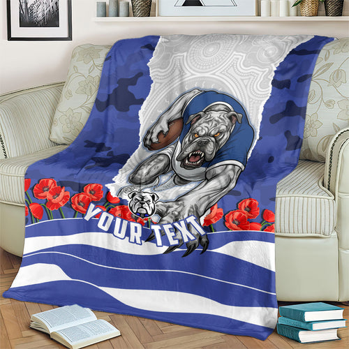 Personalized Bulldogs ANZAC Tribute Blanket Poppy Field Soldier Silhouette Aboriginal Rugby Mascot