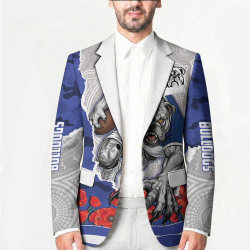 Personalized Bulldogs ANZAC Tribute Blazer Poppy Field Soldier Silhouette Aboriginal Rugby Mascot