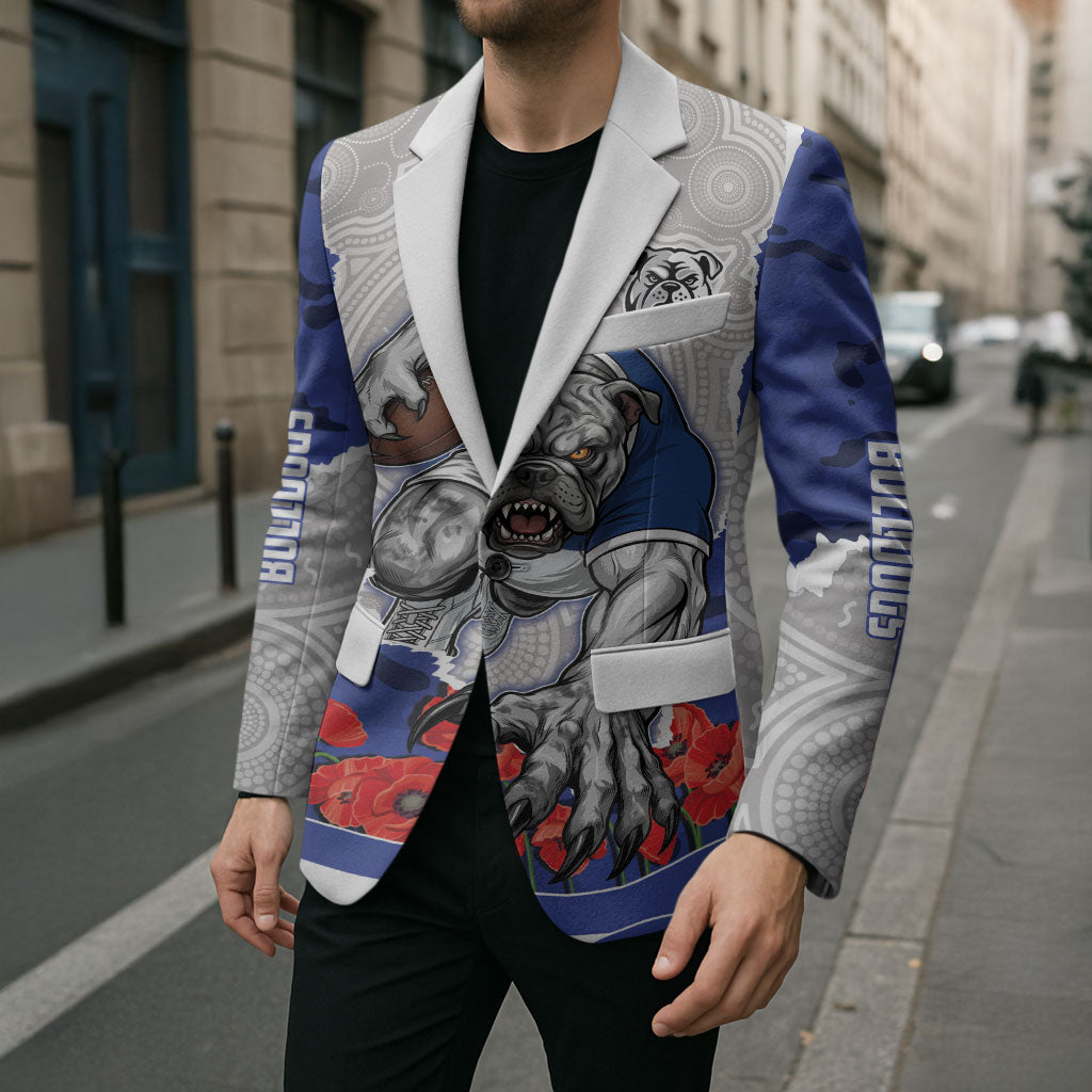 Personalized Bulldogs ANZAC Tribute Blazer Poppy Field Soldier Silhouette Aboriginal Rugby Mascot