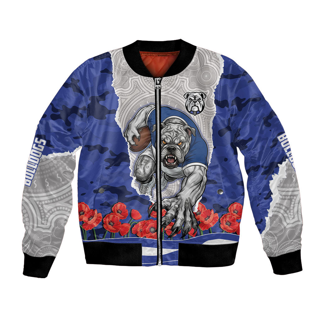 Personalized Bulldogs ANZAC Tribute Bomber Jacket Poppy Field Soldier Silhouette Aboriginal Rugby Mascot