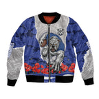 Personalized Bulldogs ANZAC Tribute Bomber Jacket Poppy Field Soldier Silhouette Aboriginal Rugby Mascot