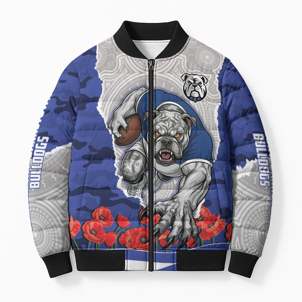 Personalized Bulldogs ANZAC Tribute Bomber Puffer Jacket Poppy Field Soldier Silhouette Aboriginal Rugby Mascot