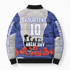 Personalized Bulldogs ANZAC Tribute Bomber Puffer Jacket Poppy Field Soldier Silhouette Aboriginal Rugby Mascot