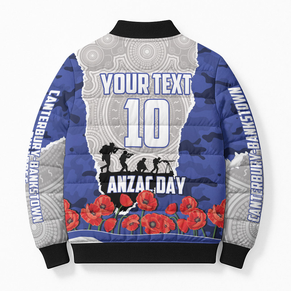 Personalized Bulldogs ANZAC Tribute Bomber Puffer Jacket Poppy Field Soldier Silhouette Aboriginal Rugby Mascot