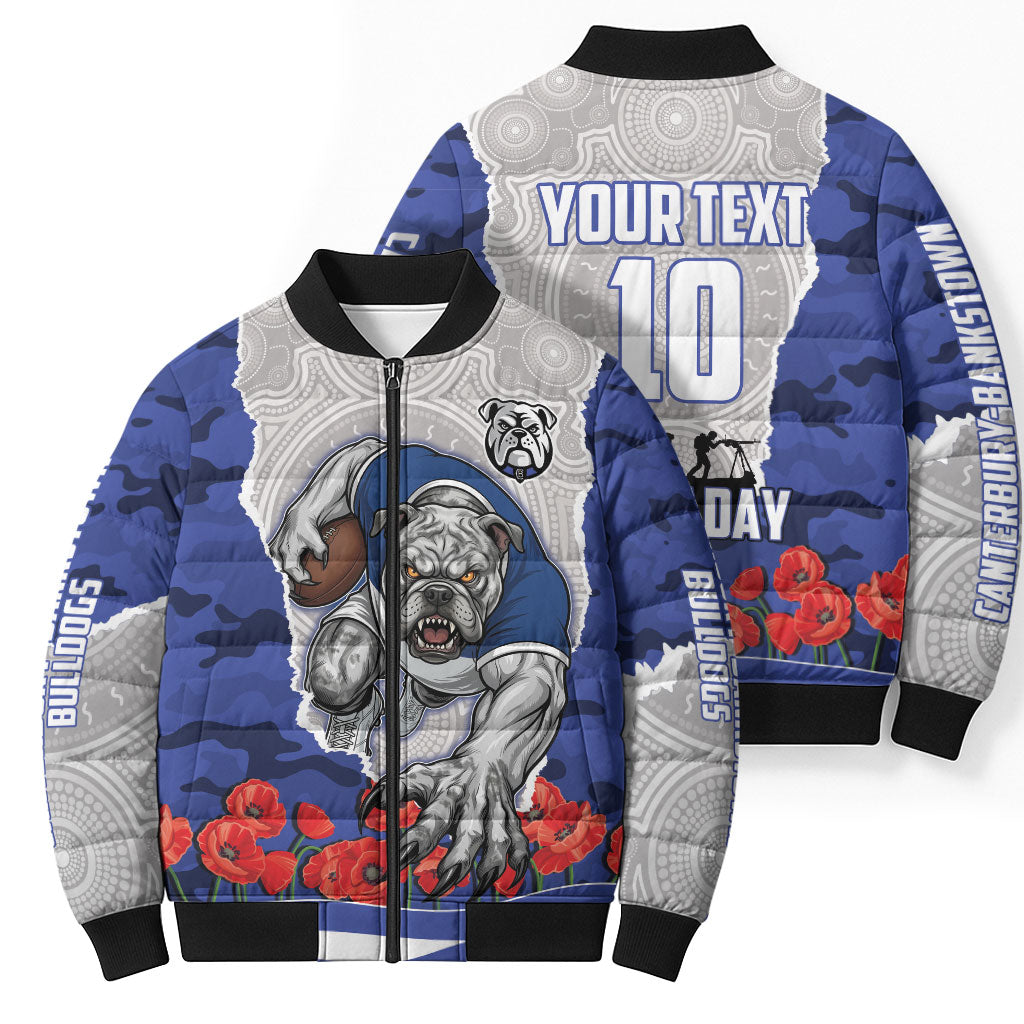 Personalized Bulldogs ANZAC Tribute Bomber Puffer Jacket Poppy Field Soldier Silhouette Aboriginal Rugby Mascot