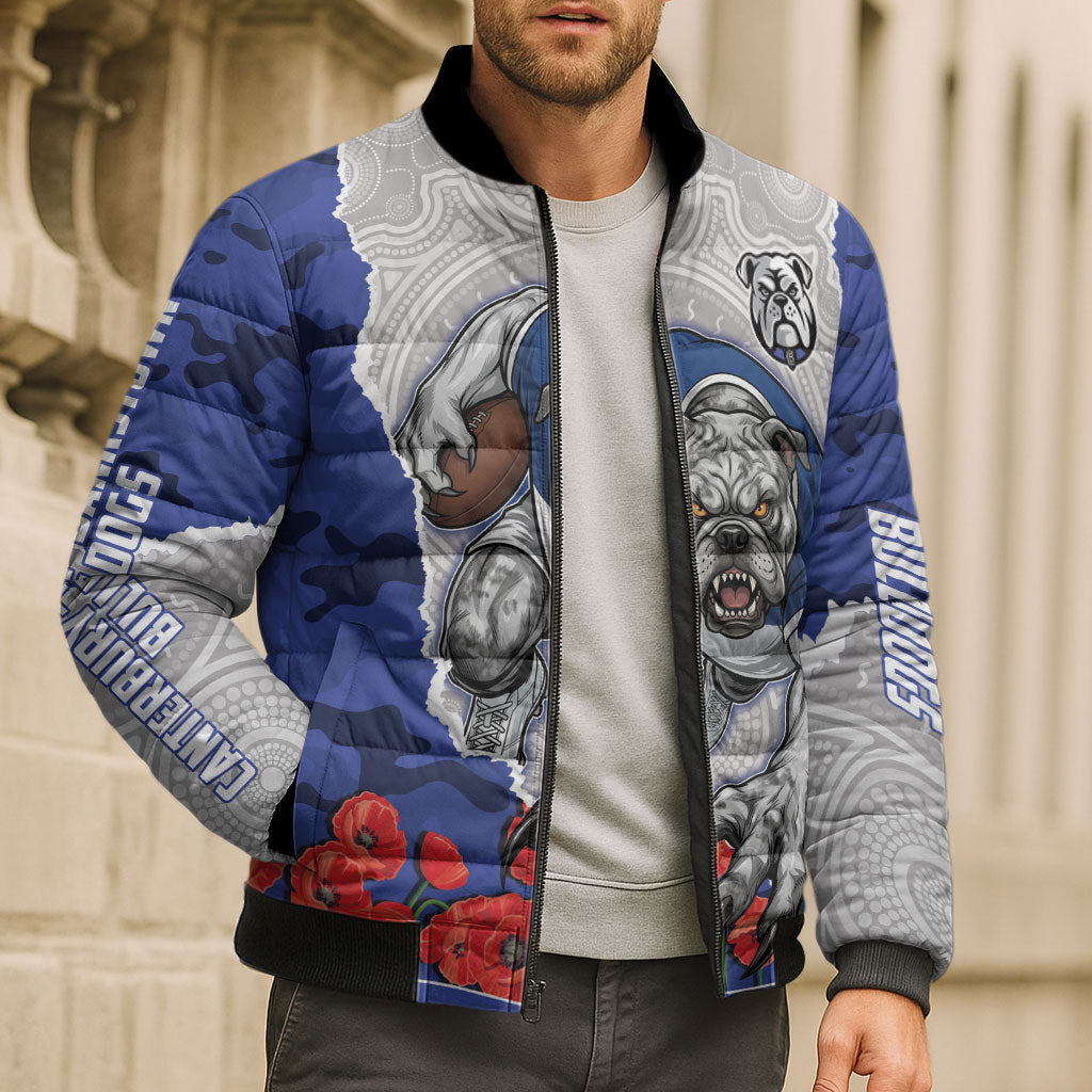 Personalized Bulldogs ANZAC Tribute Bomber Puffer Jacket Poppy Field Soldier Silhouette Aboriginal Rugby Mascot