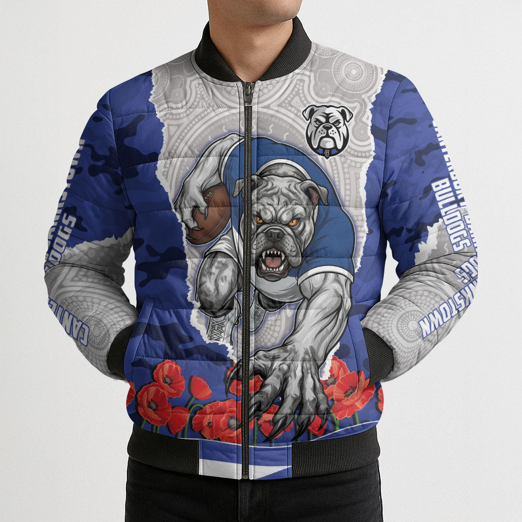 Personalized Bulldogs ANZAC Tribute Bomber Puffer Jacket Poppy Field Soldier Silhouette Aboriginal Rugby Mascot