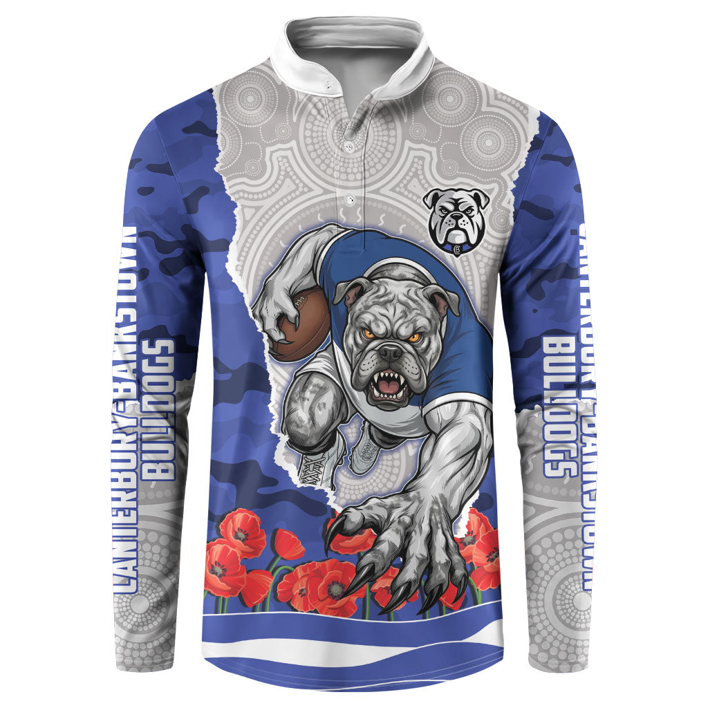 Personalized Bulldogs ANZAC Tribute Button Sweatshirt Poppy Field Soldier Silhouette Aboriginal Rugby Mascot