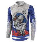 Personalized Bulldogs ANZAC Tribute Button Sweatshirt Poppy Field Soldier Silhouette Aboriginal Rugby Mascot