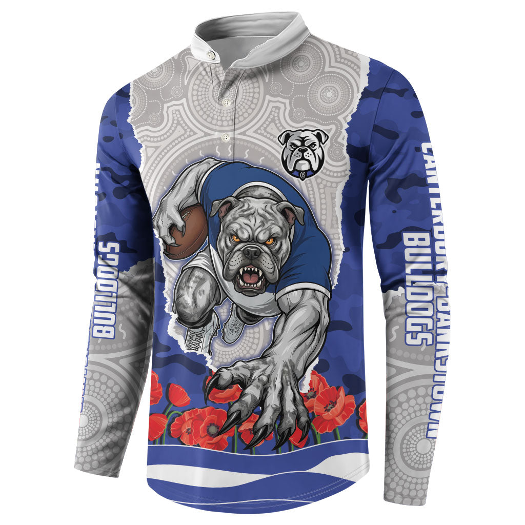 Personalized Bulldogs ANZAC Tribute Button Sweatshirt Poppy Field Soldier Silhouette Aboriginal Rugby Mascot