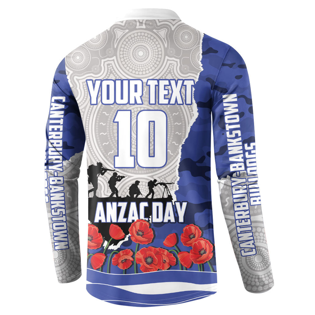 Personalized Bulldogs ANZAC Tribute Button Sweatshirt Poppy Field Soldier Silhouette Aboriginal Rugby Mascot
