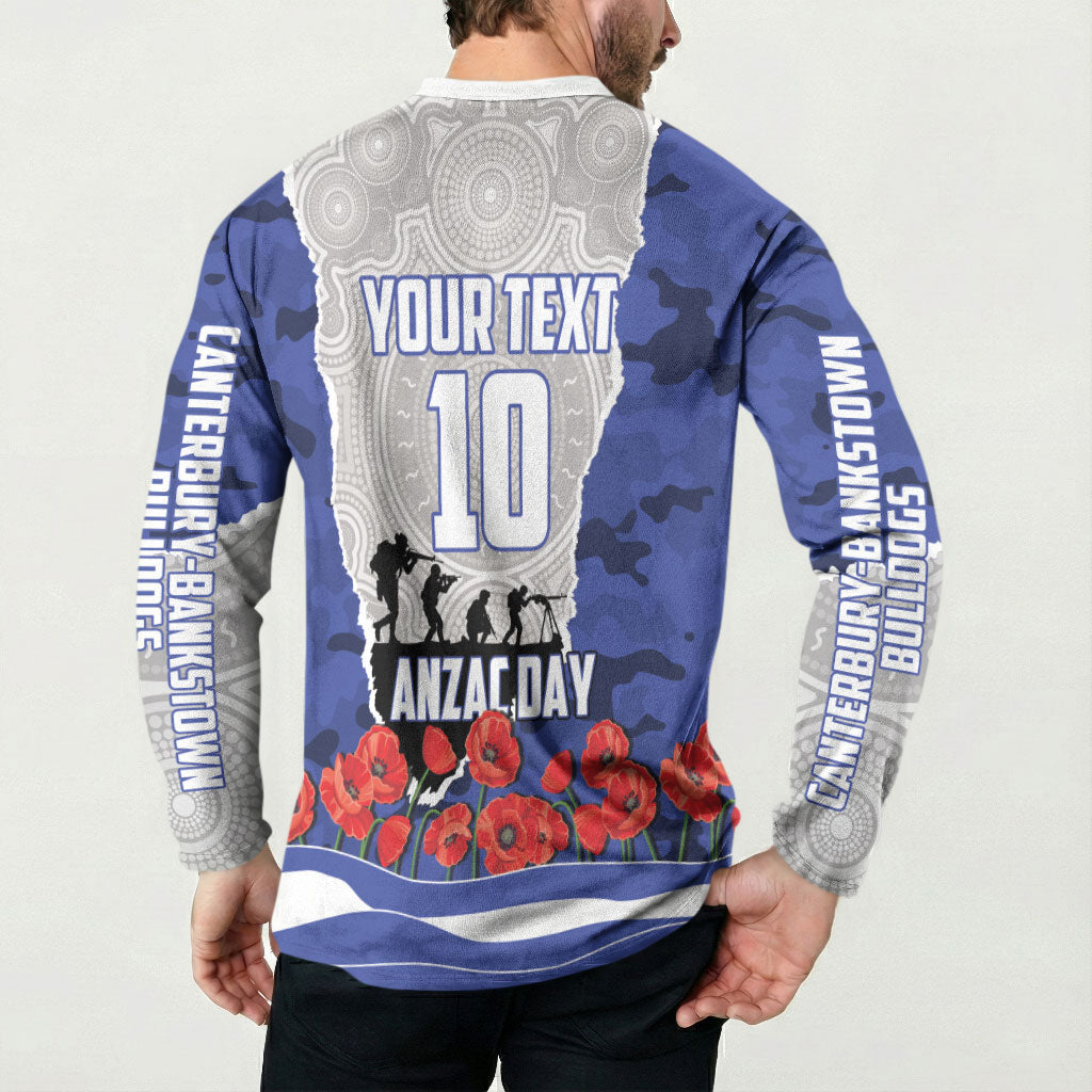 Personalized Bulldogs ANZAC Tribute Button Sweatshirt Poppy Field Soldier Silhouette Aboriginal Rugby Mascot