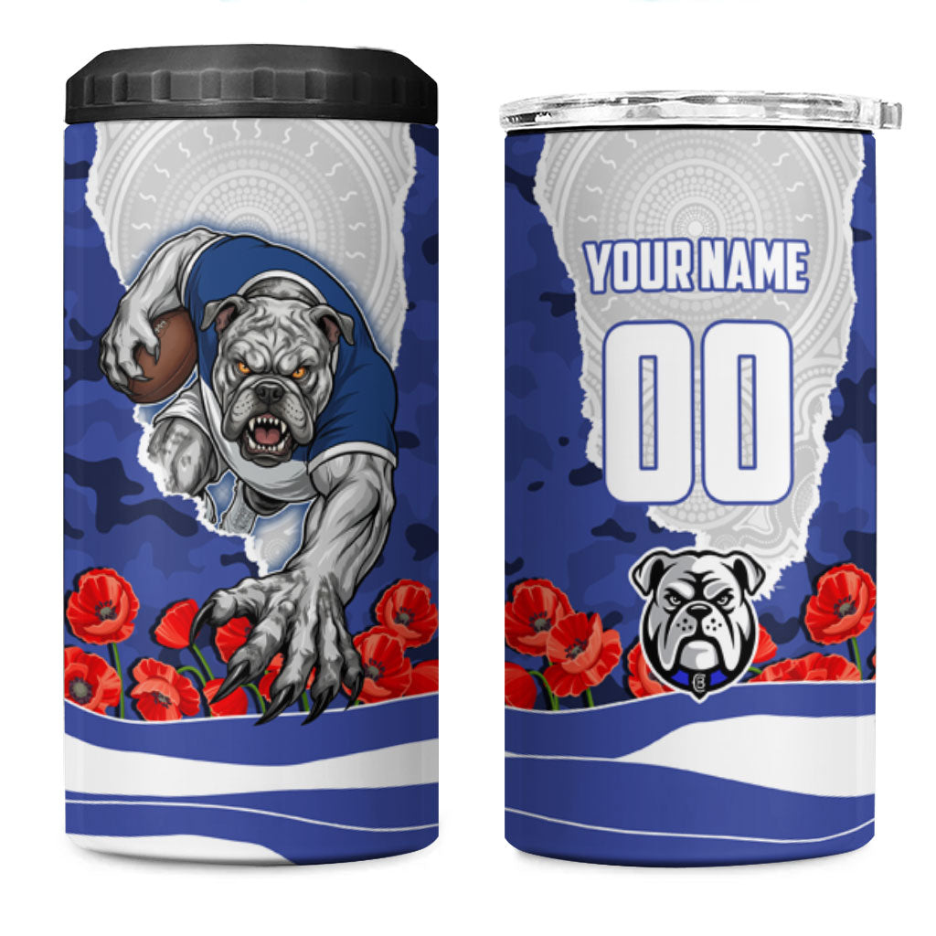 Personalized Bulldogs ANZAC Tribute 4 in 1 Can Cooler Tumbler Poppy Field Soldier Silhouette Aboriginal Rugby Mascot