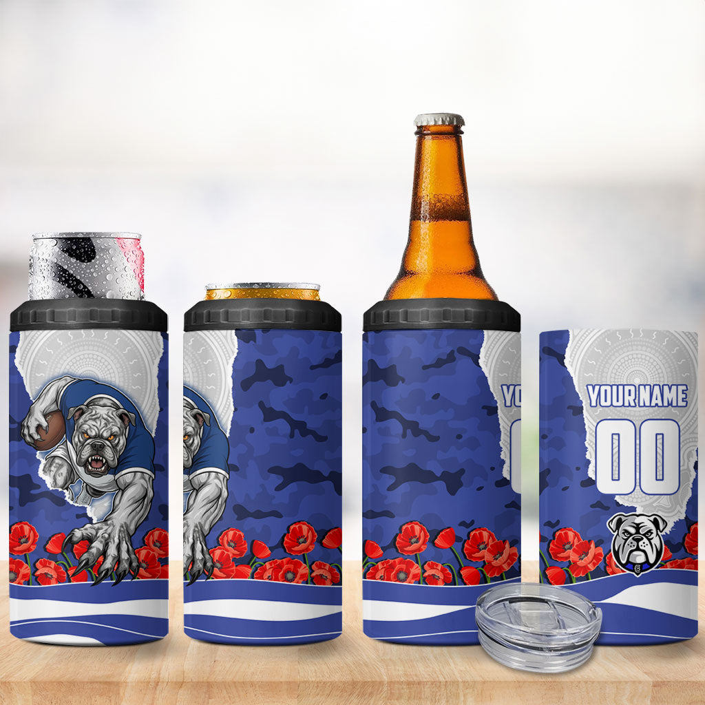 Personalized Bulldogs ANZAC Tribute 4 in 1 Can Cooler Tumbler Poppy Field Soldier Silhouette Aboriginal Rugby Mascot