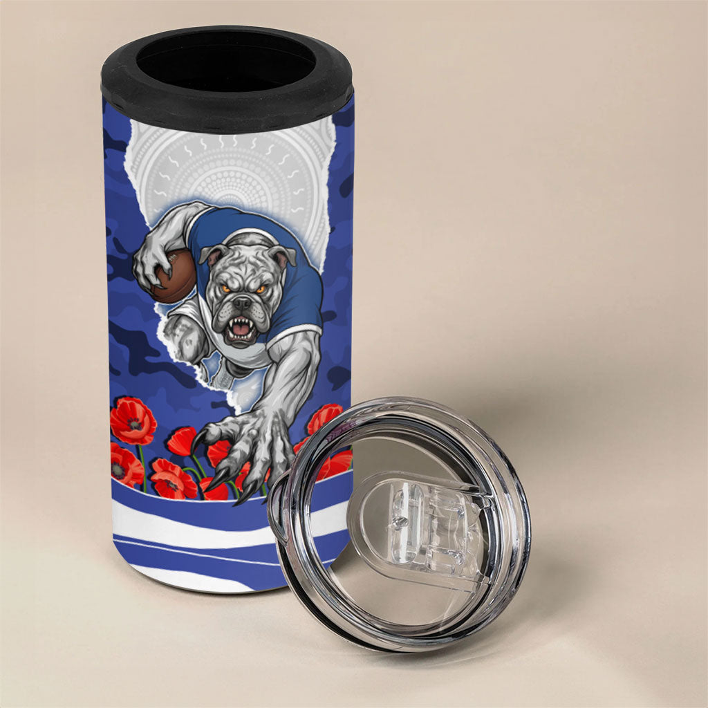 Personalized Bulldogs ANZAC Tribute 4 in 1 Can Cooler Tumbler Poppy Field Soldier Silhouette Aboriginal Rugby Mascot