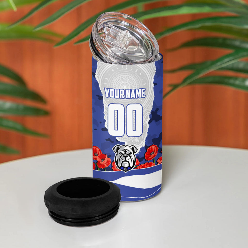 Personalized Bulldogs ANZAC Tribute 4 in 1 Can Cooler Tumbler Poppy Field Soldier Silhouette Aboriginal Rugby Mascot