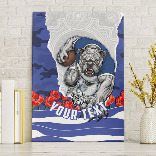Personalized Bulldogs ANZAC Tribute Canvas Wall Art Poppy Field Soldier Silhouette Aboriginal Rugby Mascot