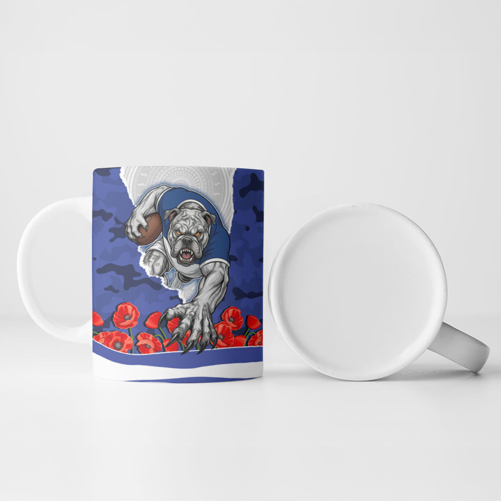 Personalized Bulldogs ANZAC Tribute Ceramic Mug Poppy Field Soldier Silhouette Aboriginal Rugby Mascot