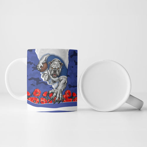 Personalized Bulldogs ANZAC Tribute Ceramic Mug Poppy Field Soldier Silhouette Aboriginal Rugby Mascot