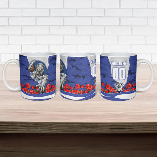 Personalized Bulldogs ANZAC Tribute Ceramic Mug Poppy Field Soldier Silhouette Aboriginal Rugby Mascot
