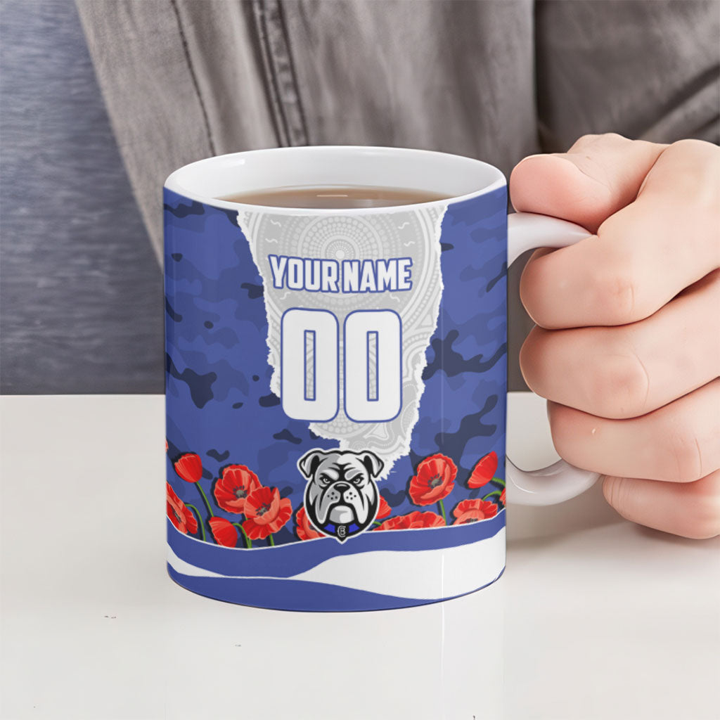 Personalized Bulldogs ANZAC Tribute Ceramic Mug Poppy Field Soldier Silhouette Aboriginal Rugby Mascot