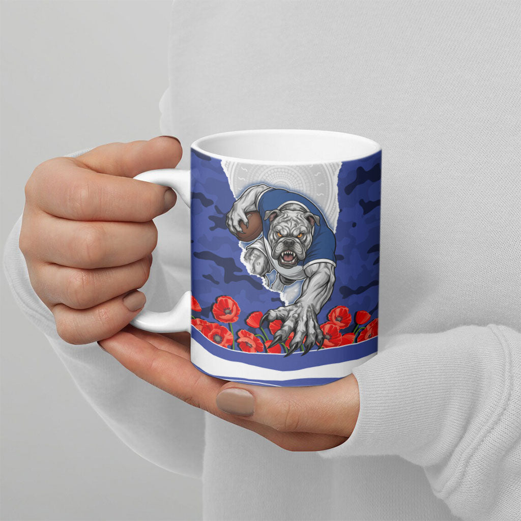 Personalized Bulldogs ANZAC Tribute Ceramic Mug Poppy Field Soldier Silhouette Aboriginal Rugby Mascot