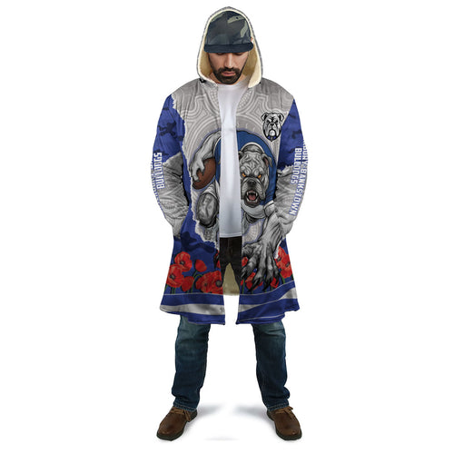 Personalized Bulldogs ANZAC Tribute Cloak Poppy Field Soldier Silhouette Aboriginal Rugby Mascot