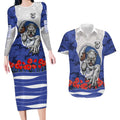 Personalized Bulldogs ANZAC Tribute Couples Matching Long Sleeve Bodycon Dress and Hawaiian Shirt Poppy Field Soldier Silhouette Aboriginal Rugby Mascot