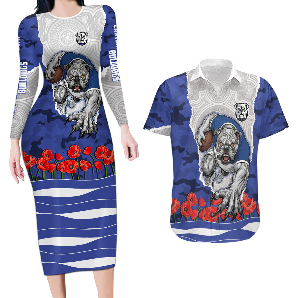 Personalized Bulldogs ANZAC Tribute Couples Matching Long Sleeve Bodycon Dress and Hawaiian Shirt Poppy Field Soldier Silhouette Aboriginal Rugby Mascot