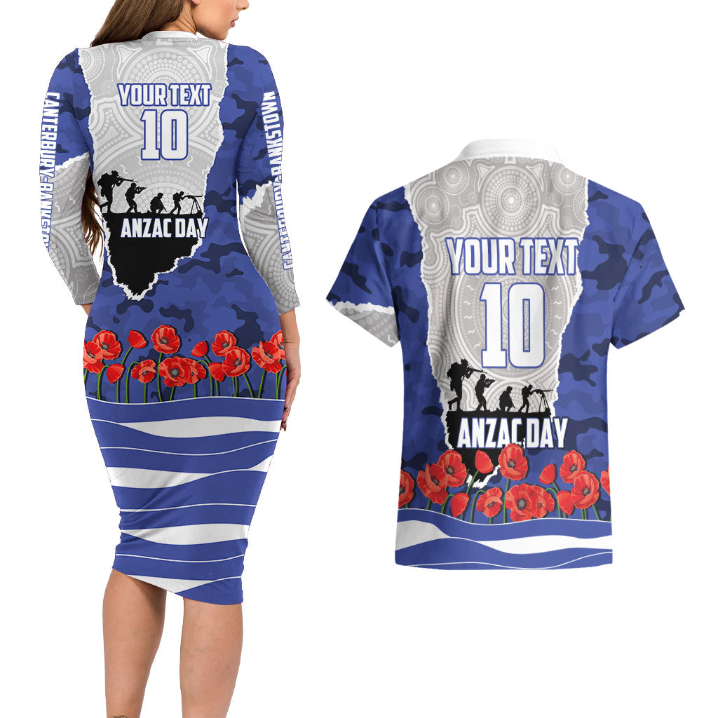 Personalized Bulldogs ANZAC Tribute Couples Matching Long Sleeve Bodycon Dress and Hawaiian Shirt Poppy Field Soldier Silhouette Aboriginal Rugby Mascot