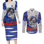 Personalized Bulldogs ANZAC Tribute Couples Matching Long Sleeve Bodycon Dress and Long Sleeve Button Shirt Poppy Field Soldier Silhouette Aboriginal Rugby Mascot