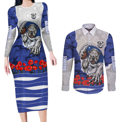 Personalized Bulldogs ANZAC Tribute Couples Matching Long Sleeve Bodycon Dress and Long Sleeve Button Shirt Poppy Field Soldier Silhouette Aboriginal Rugby Mascot