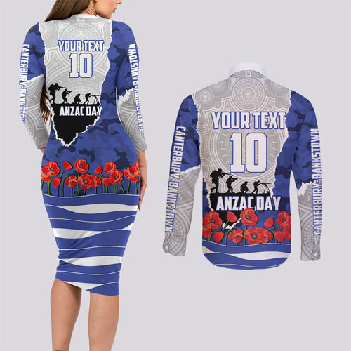 Personalized Bulldogs ANZAC Tribute Couples Matching Long Sleeve Bodycon Dress and Long Sleeve Button Shirt Poppy Field Soldier Silhouette Aboriginal Rugby Mascot