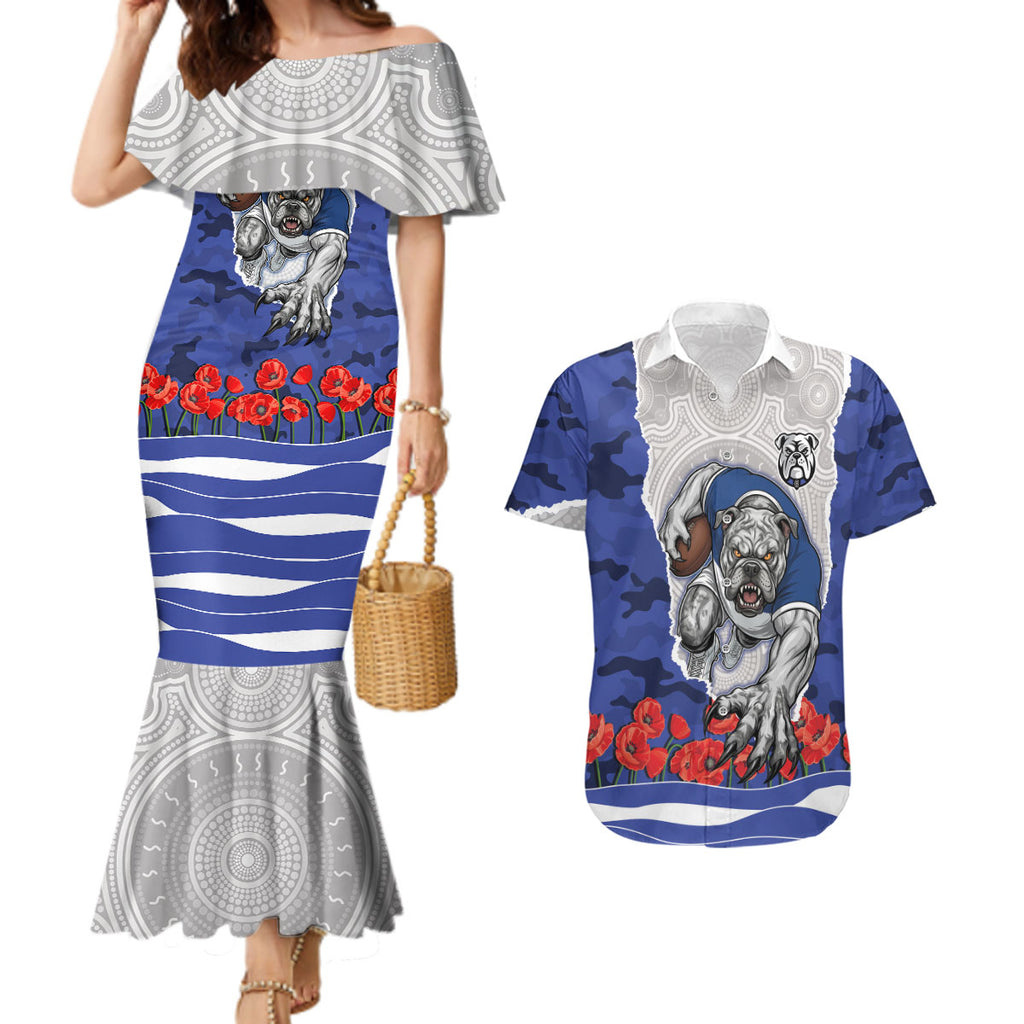 Personalized Bulldogs ANZAC Tribute Couples Matching Mermaid Dress and Hawaiian Shirt Poppy Field Soldier Silhouette Aboriginal Rugby Mascot