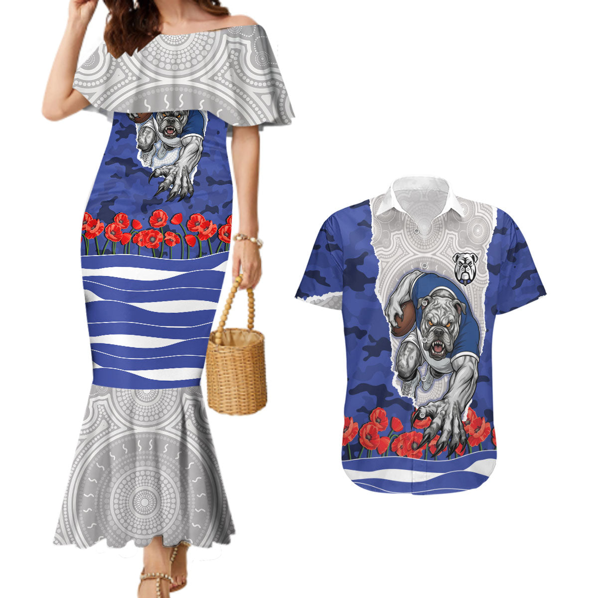 Personalized Bulldogs ANZAC Tribute Couples Matching Mermaid Dress and Hawaiian Shirt Poppy Field Soldier Silhouette Aboriginal Rugby Mascot