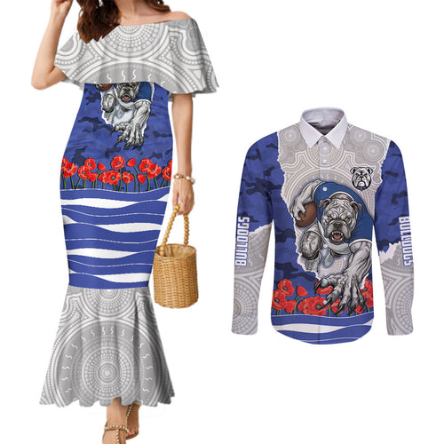 Personalized Bulldogs ANZAC Tribute Couples Matching Mermaid Dress and Long Sleeve Button Shirt Poppy Field Soldier Silhouette Aboriginal Rugby Mascot