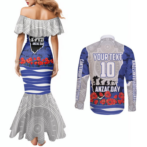 Personalized Bulldogs ANZAC Tribute Couples Matching Mermaid Dress and Long Sleeve Button Shirt Poppy Field Soldier Silhouette Aboriginal Rugby Mascot