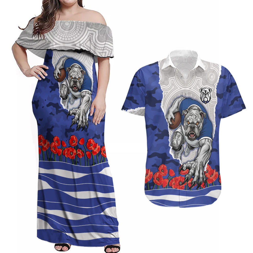 Personalized Bulldogs ANZAC Tribute Couples Matching Off Shoulder Maxi Dress and Hawaiian Shirt Poppy Field Soldier Silhouette Aboriginal Rugby Mascot