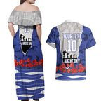 Personalized Bulldogs ANZAC Tribute Couples Matching Off Shoulder Maxi Dress and Hawaiian Shirt Poppy Field Soldier Silhouette Aboriginal Rugby Mascot