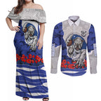 Personalized Bulldogs ANZAC Tribute Couples Matching Off Shoulder Maxi Dress and Long Sleeve Button Shirt Poppy Field Soldier Silhouette Aboriginal Rugby Mascot