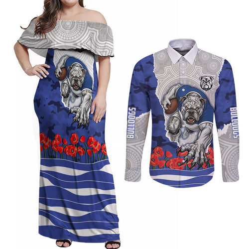 Personalized Bulldogs ANZAC Tribute Couples Matching Off Shoulder Maxi Dress and Long Sleeve Button Shirt Poppy Field Soldier Silhouette Aboriginal Rugby Mascot