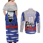 Personalized Bulldogs ANZAC Tribute Couples Matching Off Shoulder Maxi Dress and Long Sleeve Button Shirt Poppy Field Soldier Silhouette Aboriginal Rugby Mascot